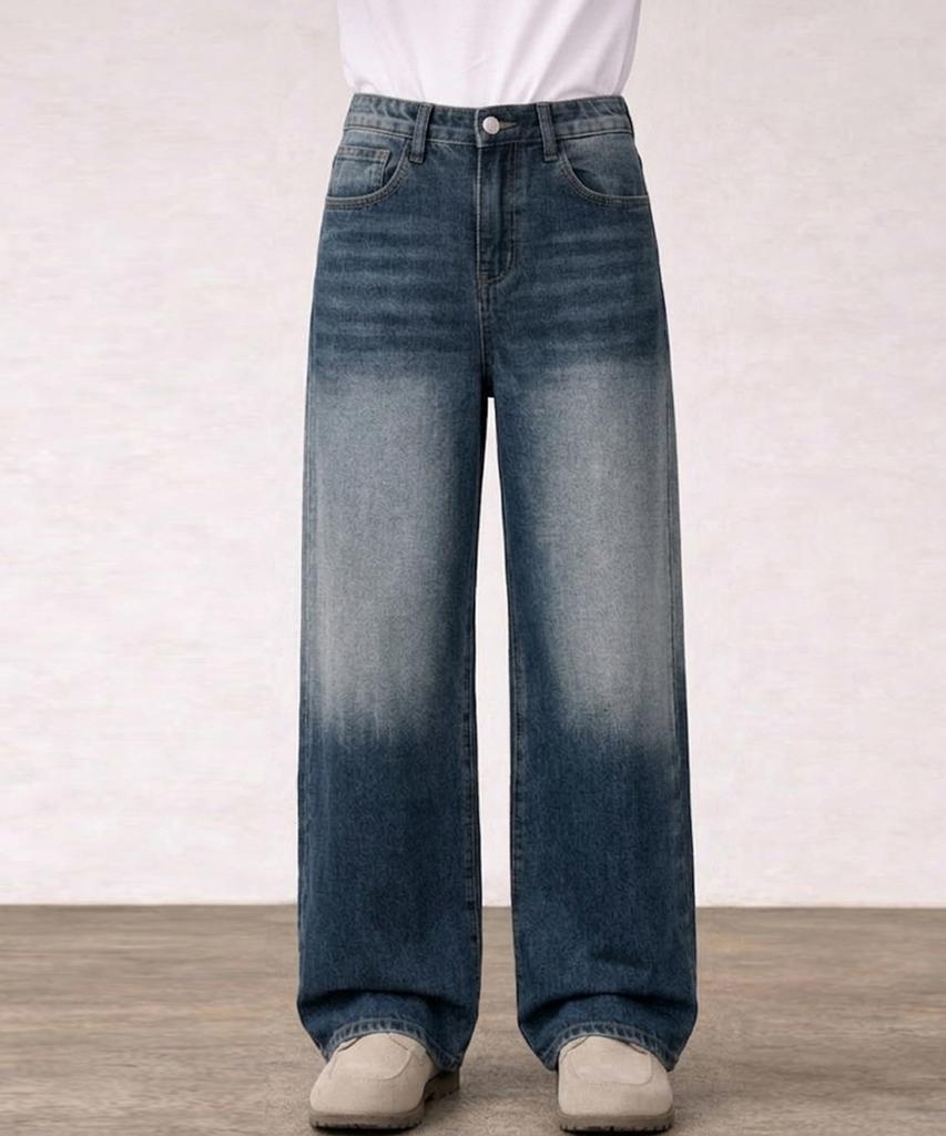 Jikeulib Secret Elastic Waist Vintage Washed Wide Straight Denim Pants 4 Colors (Type A)