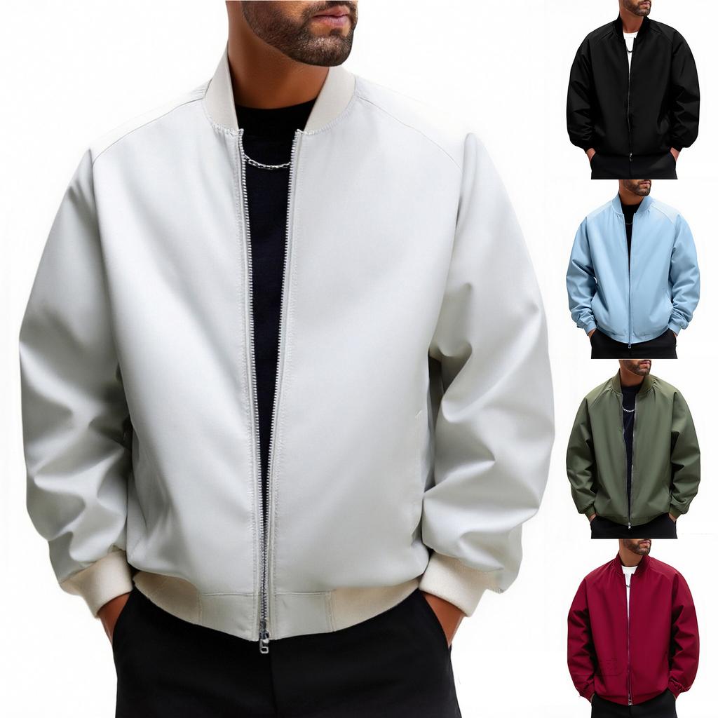 Men's Casual Solid Color Loose Thin Jacket, Men's Windproof Zipper Baseball Collar Jacket Jacket