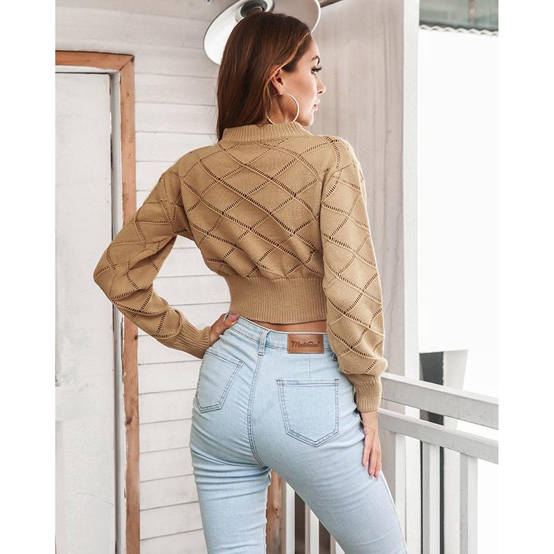 New Knitted Pullovers Women Autumn Winter Casual Long Sleeve Hollow Out Sweater Crop Top