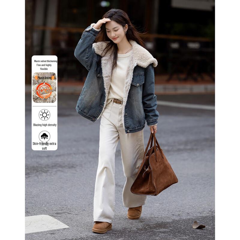 

Dmana Women s Retro Large Lapel Faux Lamb Wool Lined Denim Jacket M