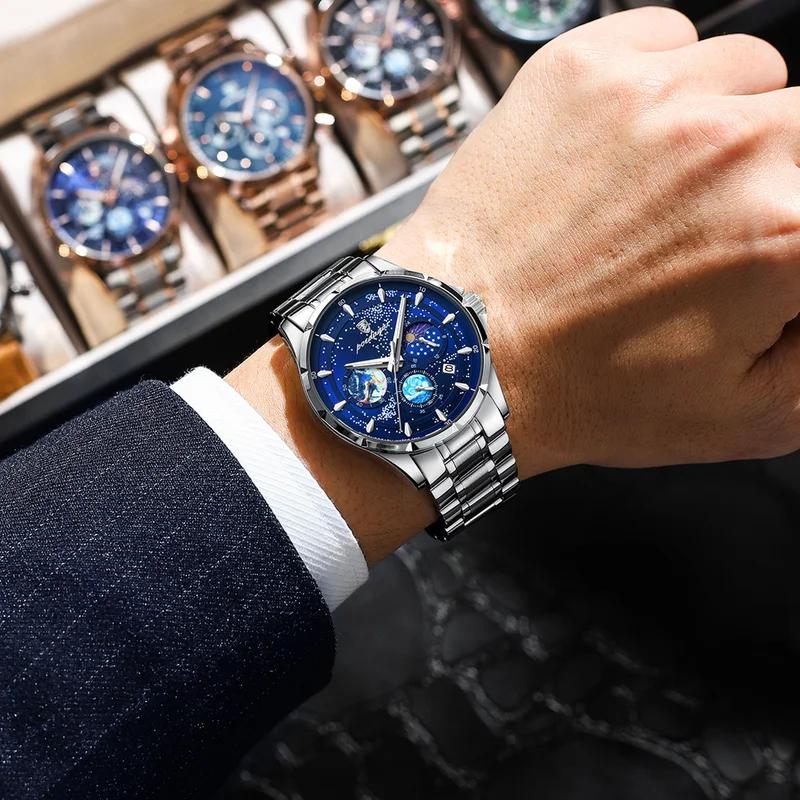 POEDAGAR Luxusní pánské náramkové hodinky Luminiscenční Vodotěsné Chronograf Datum Pánské hodinky Nerezová ocel/Kožený řemínek Pánské křemenné hodinky