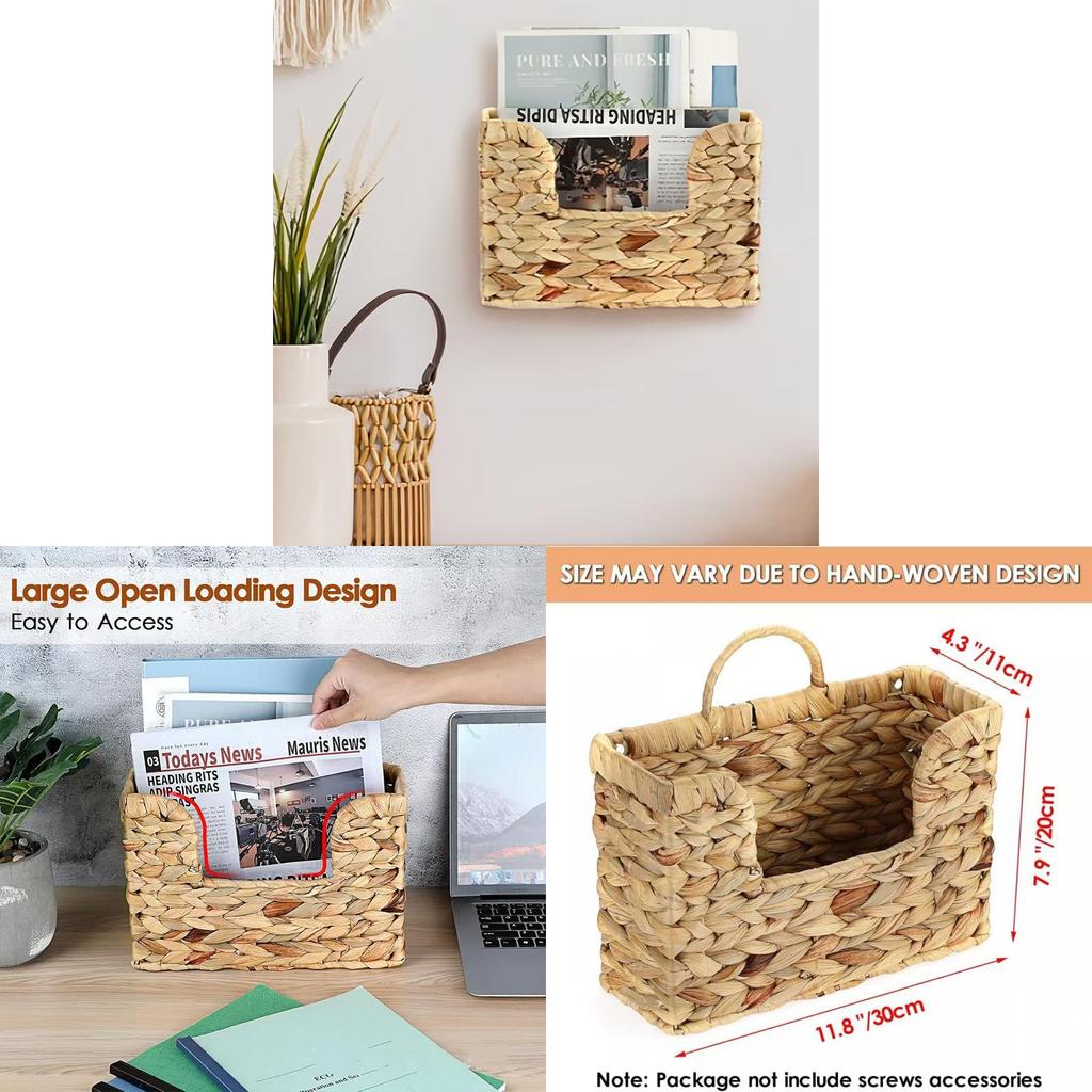 Modern Minimalist Wicker Wallmounted Magazine Rack With Rattan Storage Basket For Home Organization