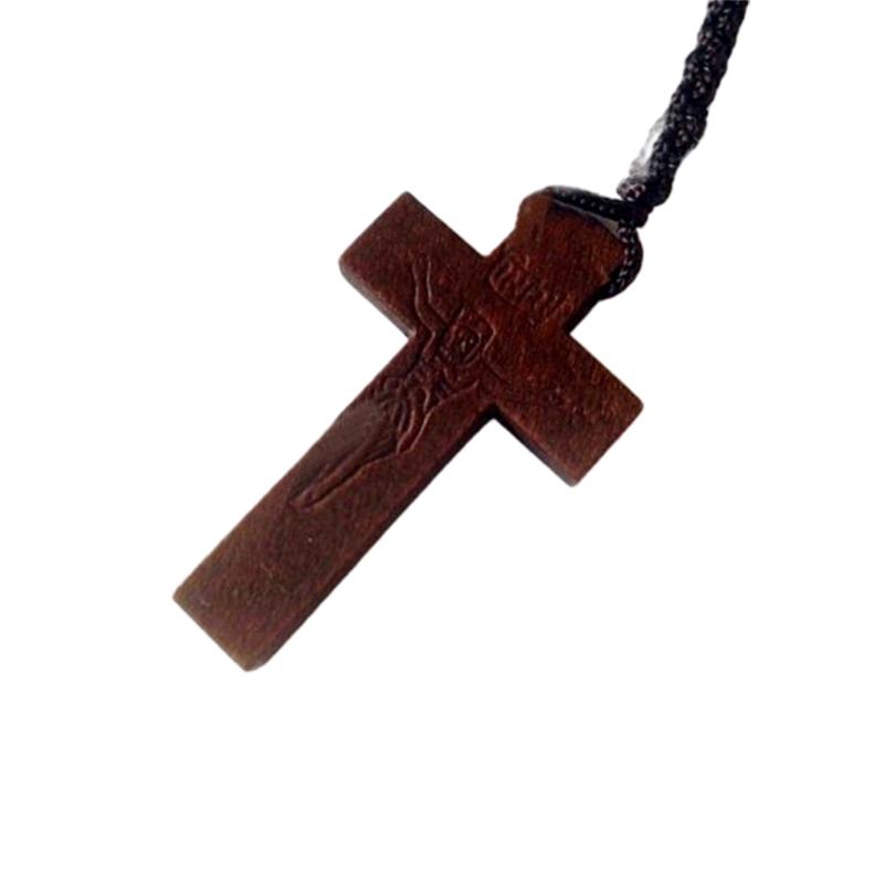 Wood Beads Cross Rosary Necklace Hangable Pendant Crafts Long Bead Chain for Christmas Party Church Decorations