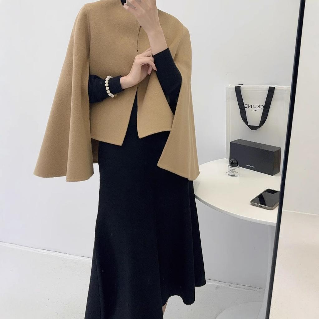 Small Shawl Cloak Jacket Double-sided Wool Coat Short Design Autumn and Winter Women's Black Camel
