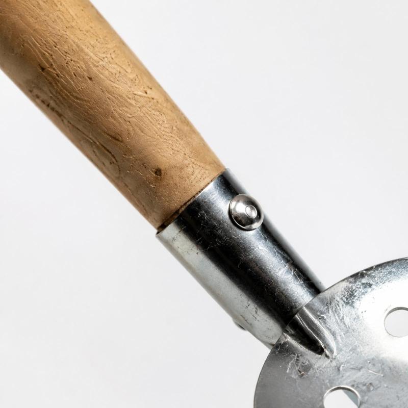 Metal Ice Hole Scoops for Winter Fishing with a Bowl-Shaped Perforated Head, Wood Handle, and Connector for Clearing Loose Ice and Debris