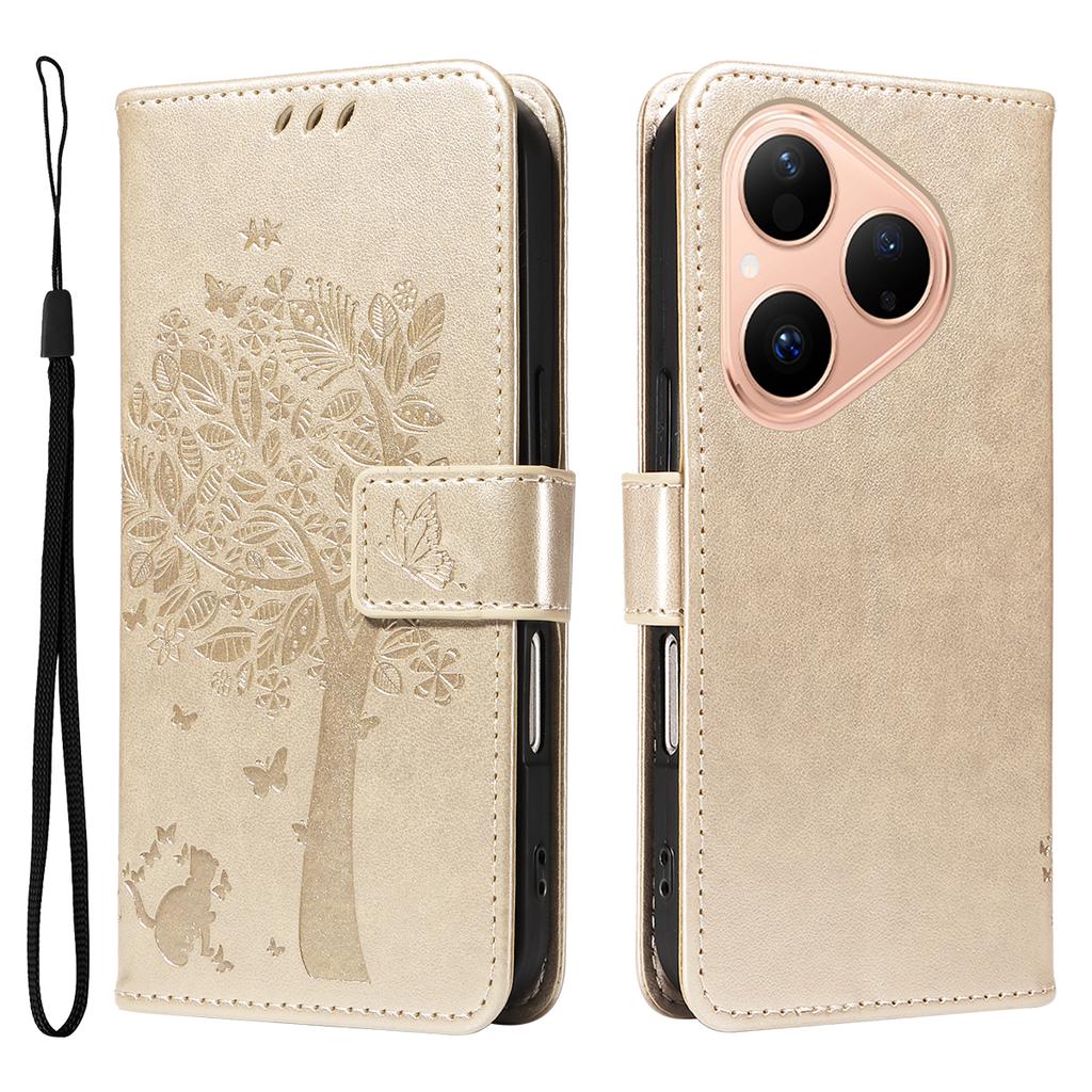 För Huawei Pura 80 Telefonfodral med Ställ Kattträdsmönster Läder Plånbok Mobilskydd