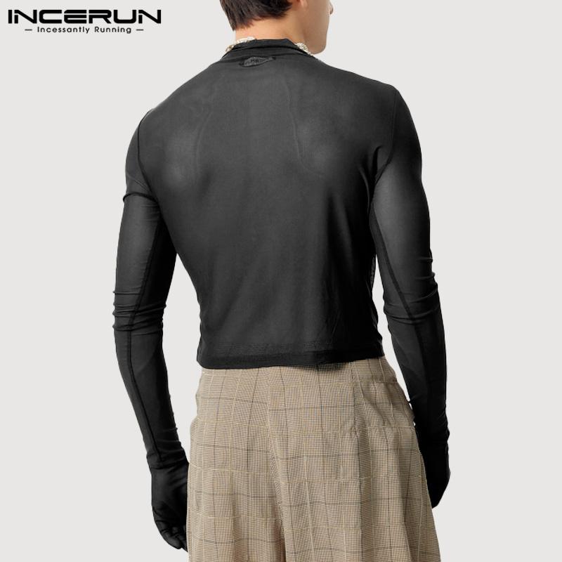 INCERUN Men Long Gloves Sleeve See Through Tops Club Party Mesh Skinny T-Shirts