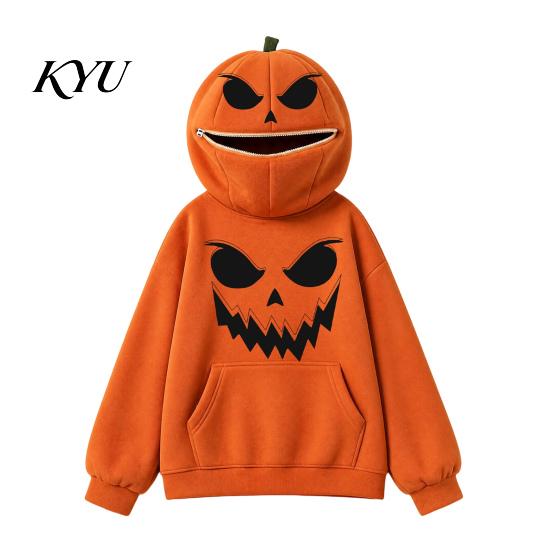 Holiday Party Apparel Women Oversized Halloween Pumpkin Hoodie, Fall Long Sleeve Hooded Casual Top Sweatshirt with Pocket, Jack-O-Lantern Costume