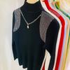 Women's Half Turtleneck Sweater Rhinestone Hollow Knit Pullover Sweater Autumn and Winter Solid Color Slim Fit Sweater Top