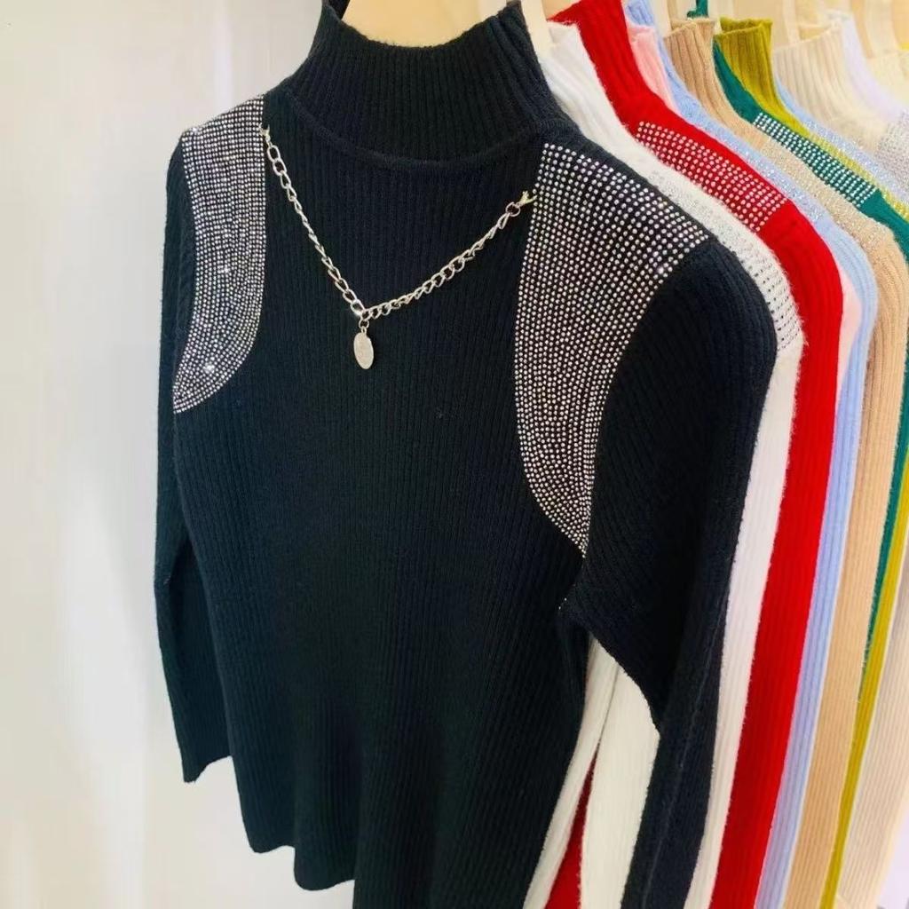 Women's Half Turtleneck Sweater Rhinestone Hollow Knit Pullover Sweater Autumn and Winter Solid Color Slim Fit Sweater Top