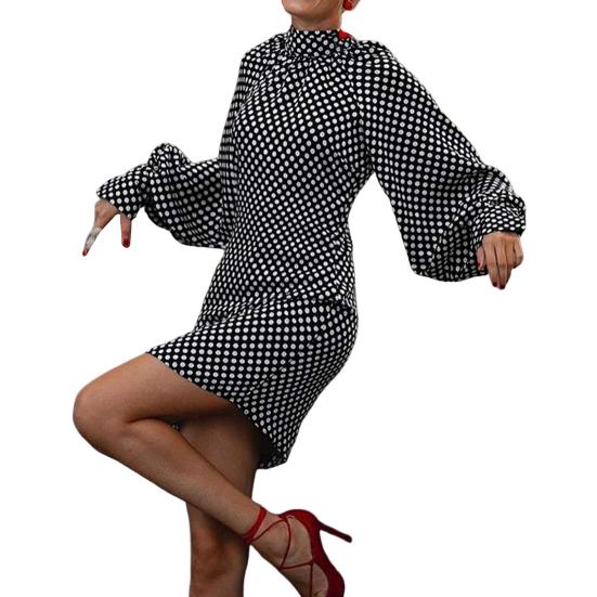 

Женское платье свободного покроя с половиной высокого воротника и пышными короткими рукавами, весеннее праздничное платье в богемном стиле с принтом в горошек L чёрный