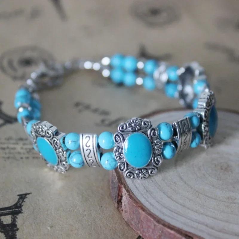 Women Fashion Vintage Ethnic Bracelet Korean Edition Double Layer Handicraft Retro Double Rowed Turquoise Bracelet Accessories