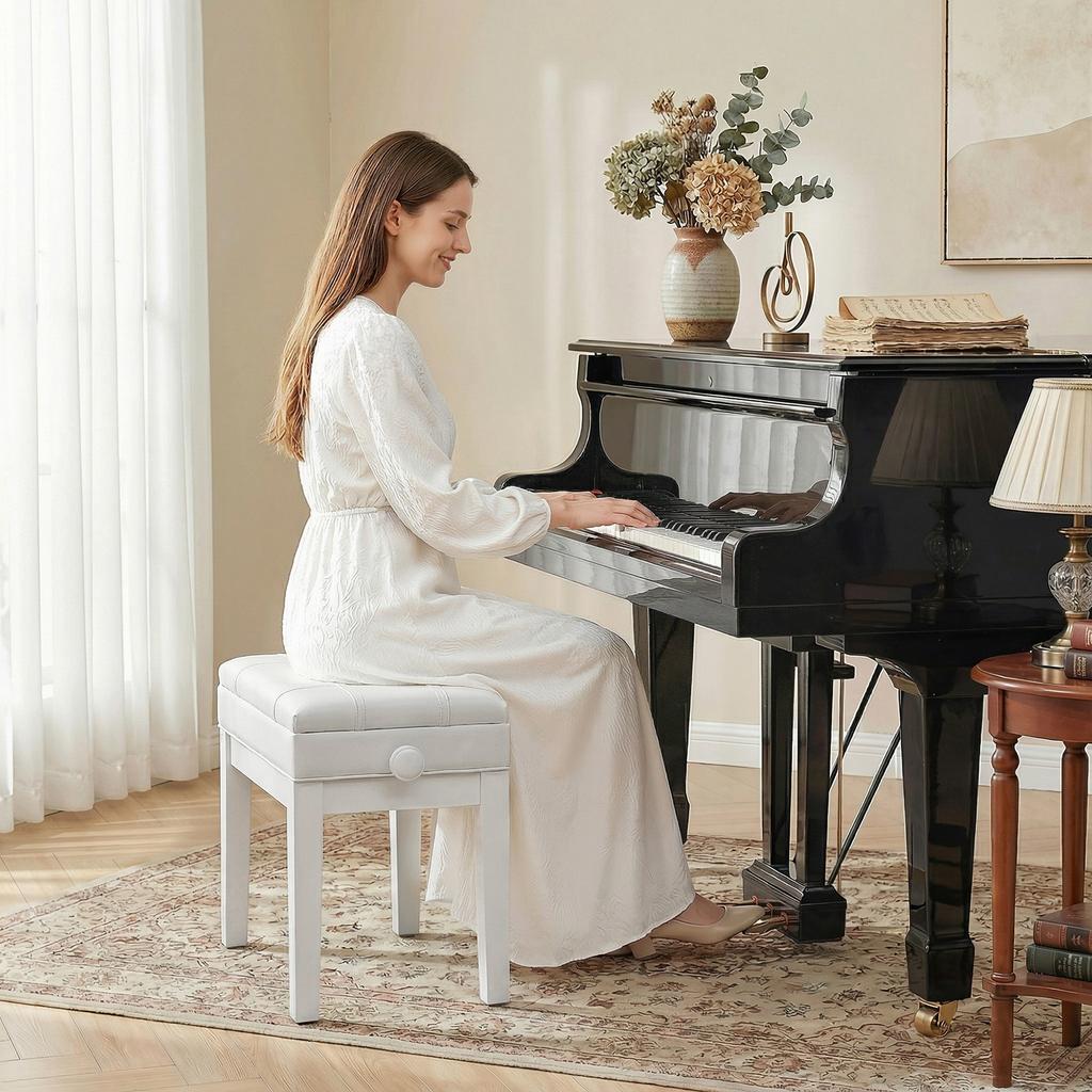 Piano Bench Stool, Storage, Adjustable Height, Hevea Wood, White