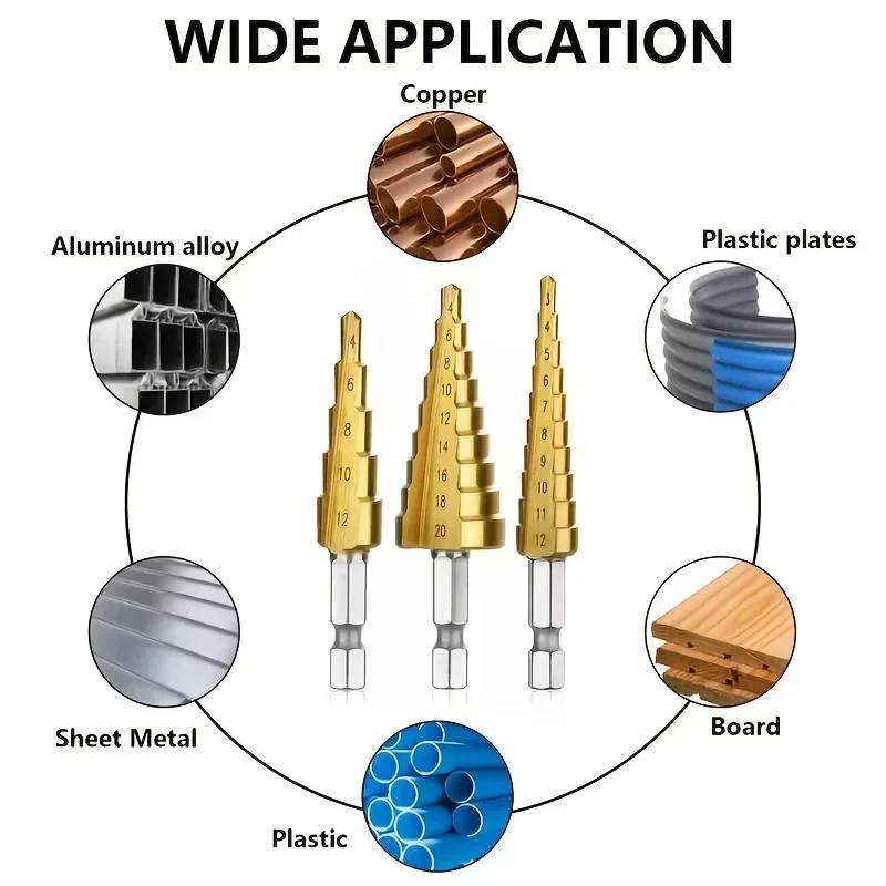 6Pcs Step Saw Drill Bit Set,HSS Titanium Drill Bits Kit for Metal Iron&Wood, 4-12 4-20 4-32mm 3 6 8mm Drilling Hole Cutter Tools