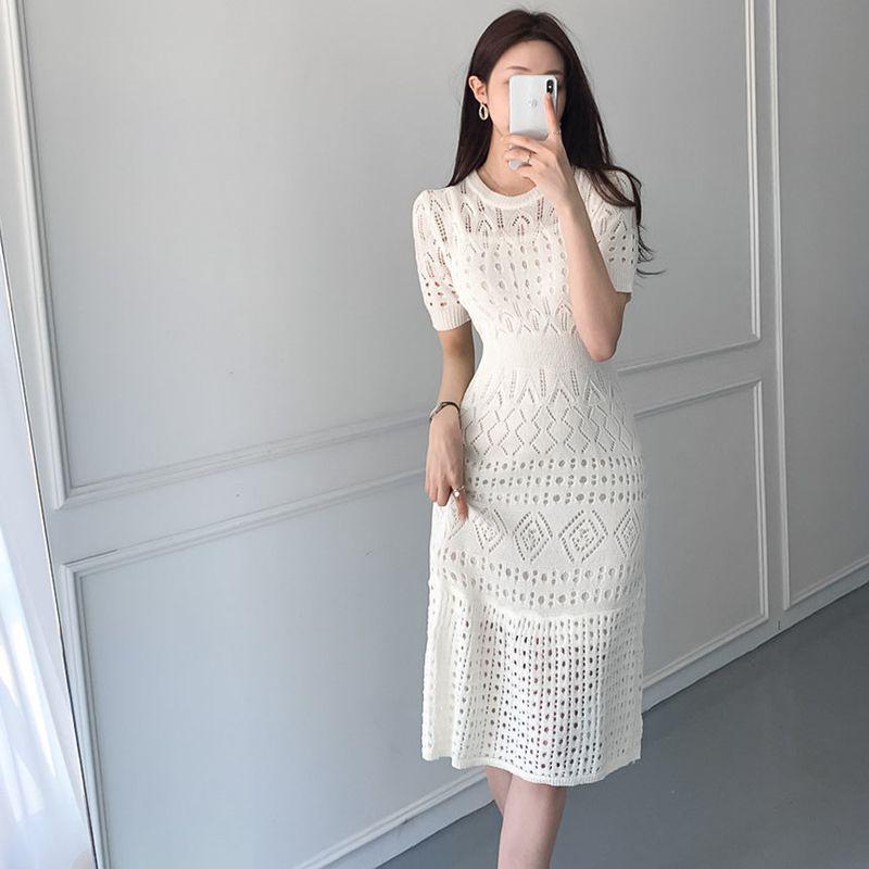 Women s Ice Silk Hollow Knit Dress - White Short Sleeve A-line Small