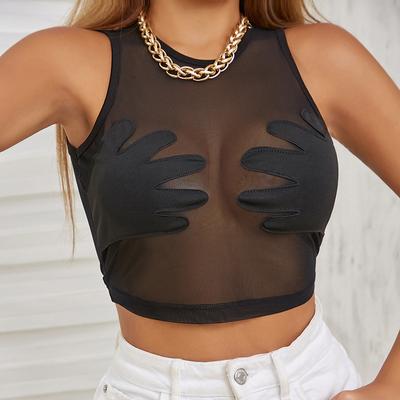 Sexy Mesh Crop Tank Tops Women The Palm See-Through Transparent Halter Lace Up Camisole Vest Party Festival Rave Vest