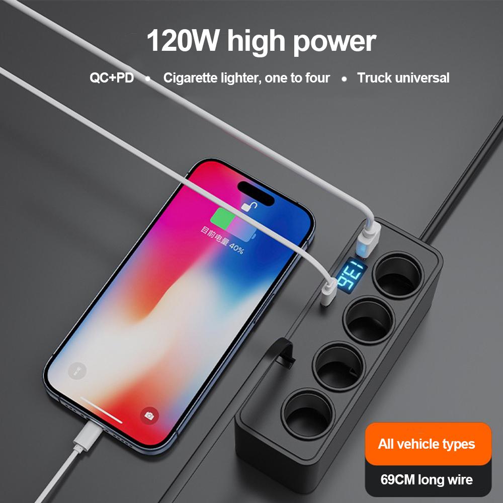 Adaptador de Acendedor de Cigarros para Carro 120W QC3.0+PD30W Carregamento Rápido com Cabo Retrátil Display de Tensão Carregador USB para Carro 12V/24V