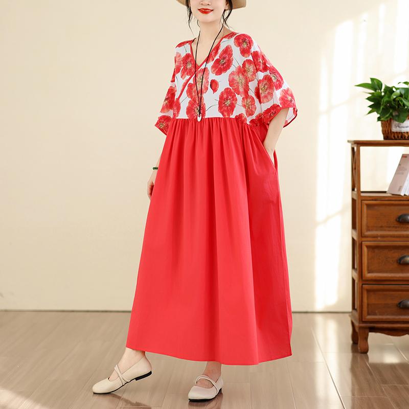 DIMANAF New 2026 Women Plus Size Summer Casual Floral Long Dress Cotton Loose Oversize Maxi Beach Sundress Elegant Vintage Lady Print