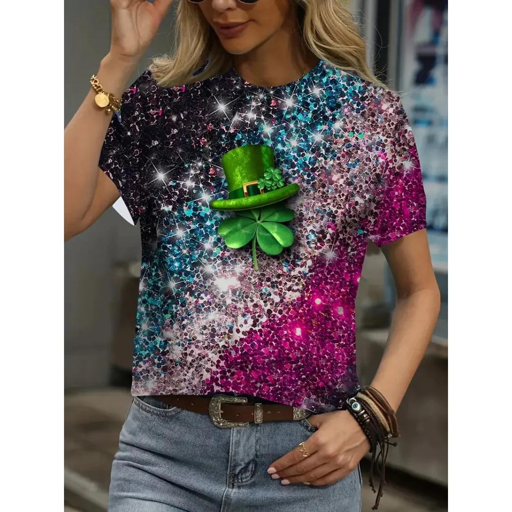Women T-Shirt Full Print Graphic Crew Neck Short Sleeve Tshirts New In Casual Party T Shirt For Women