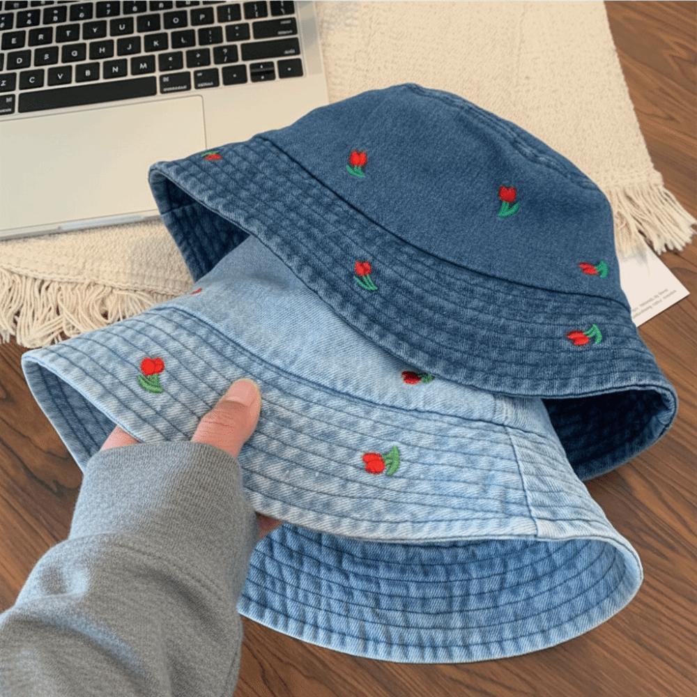 Foldable Women's Bucket Hat Rose Embroidered Beach Sun Hat Breathable Denim Fisherman Hat Summer