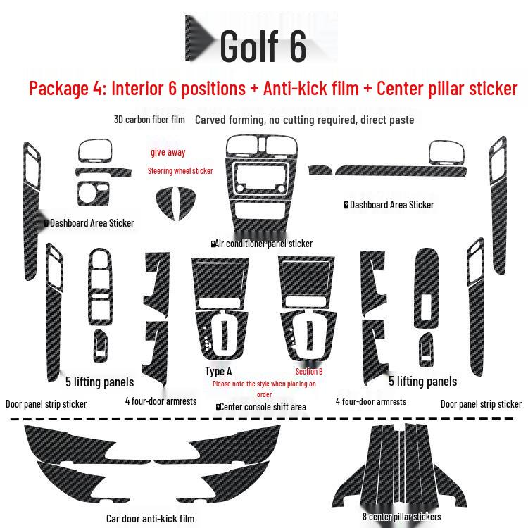 Golf 6 Mittelkonsole Anti-Kick Kohlefaser Aufkleber - Kratzschutz