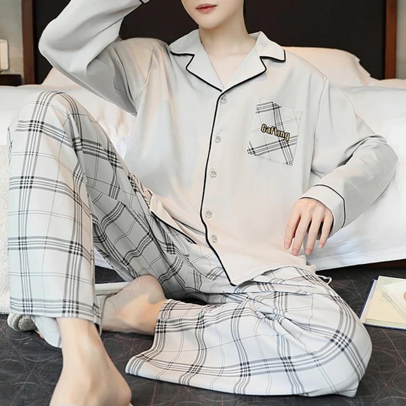 

Весна Осень Плюс Трикотажные отложные воротники Мужские пижамные комплекты Мужские пижамы Клетчатая домашняя одежда Одежда для сна Домашняя одежда Мода XXXL