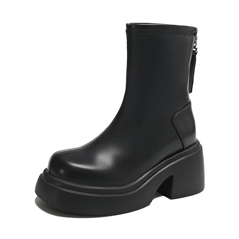 

Модные женские ботильоны на толстой подошве 2025 осень/зима Новые корейские трендовые ботильоны Увеличивающие рост Комфортные Ботильоны на платформе до щиколотки 35 чёрный