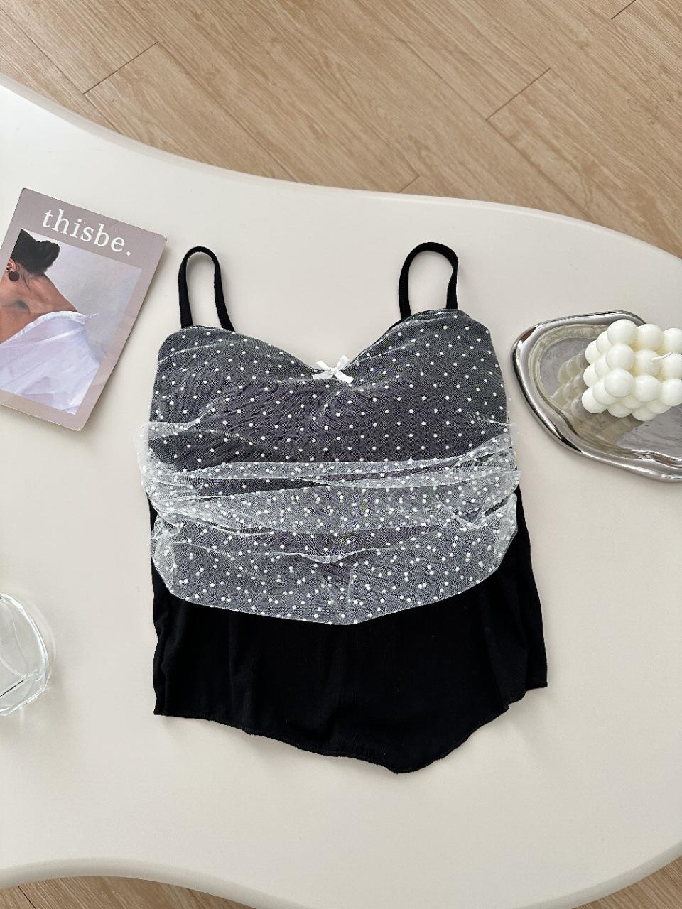 

Women s Summer Polka Dot Mesh Double Layer Camisole with Chest Pads - Irregular Short Vest One Size (Fits 75-115 kg)