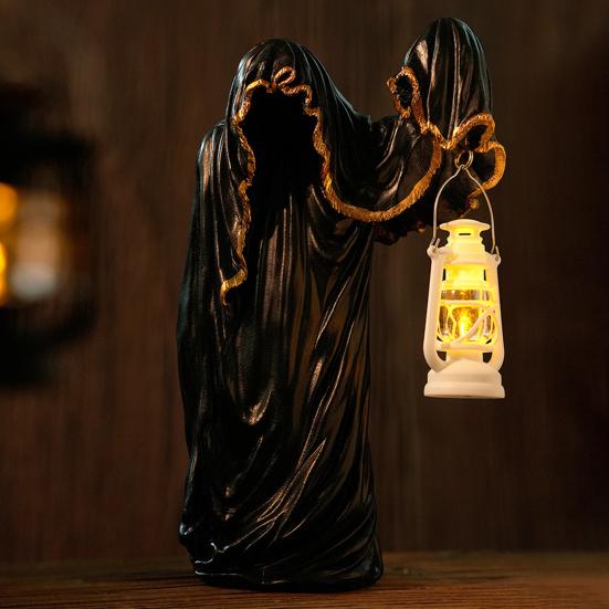 Ghost Wizard Figurine Halloween Ghost Statue with Light-up Lantern Vintage Gothic Ghost Sculpture for Indoor Mantel Cabinet Decoration
