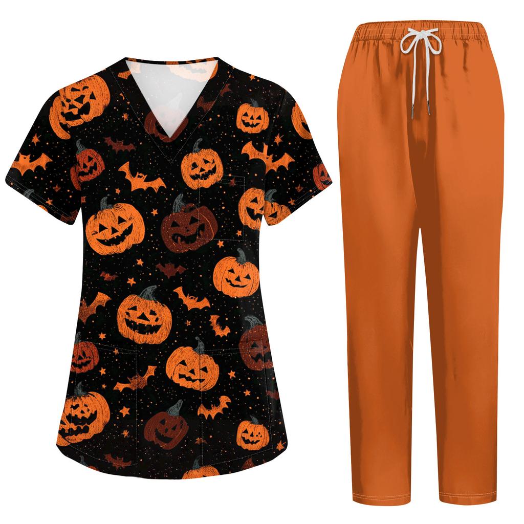 Damen Kostüm Set mit kurzen Ärmeln, Halloween-Print und Taschen - 2-teiliges Oberteil und Hose für Rollenspiele