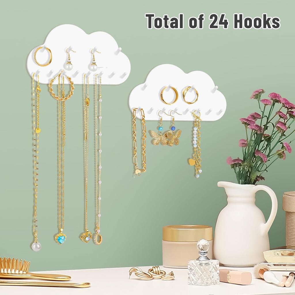 NiHome 2-Pack Cloud Shape Wall-Mounted Hanging Jewelry Organizers for Necklaces, Bracelets, Earrings, Hair Ties, No-Drill Space-Saving Racks for