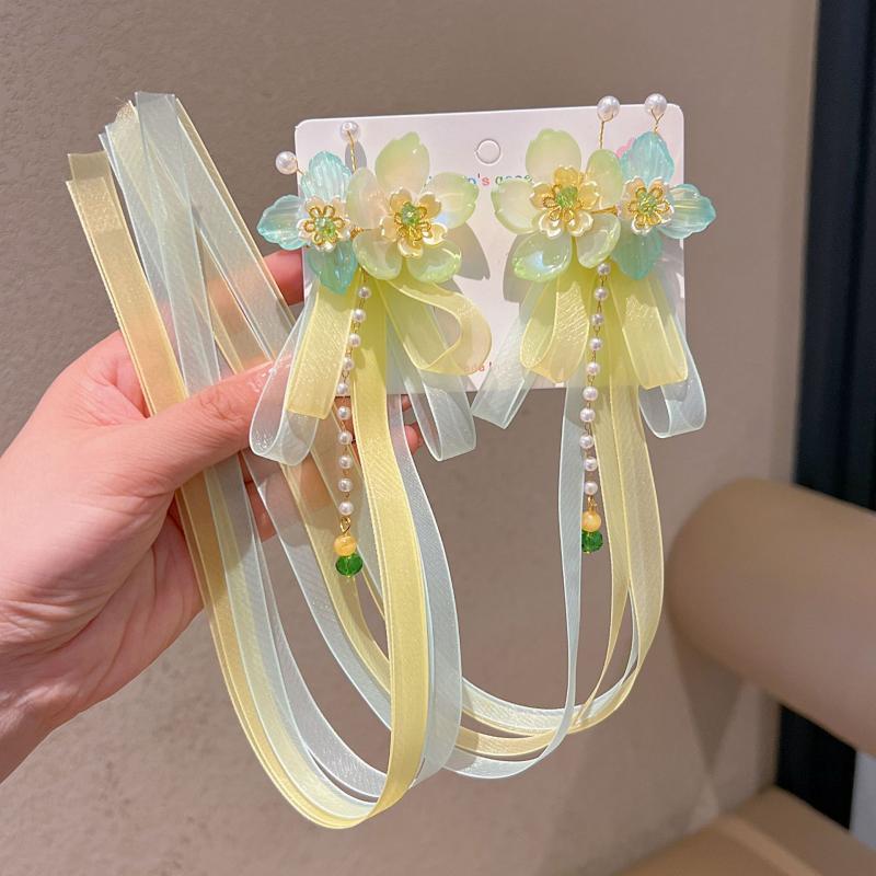 1 Pair Ancient Chinese Hanfu Girl'S Tassel Hair Clip Princess Style Flowing Silk Hairpin Adorable Headwear For Little Girls