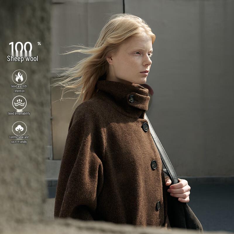 GREEN BELT Women's 100% Wool Oversized Lapel Mid-Length Coat