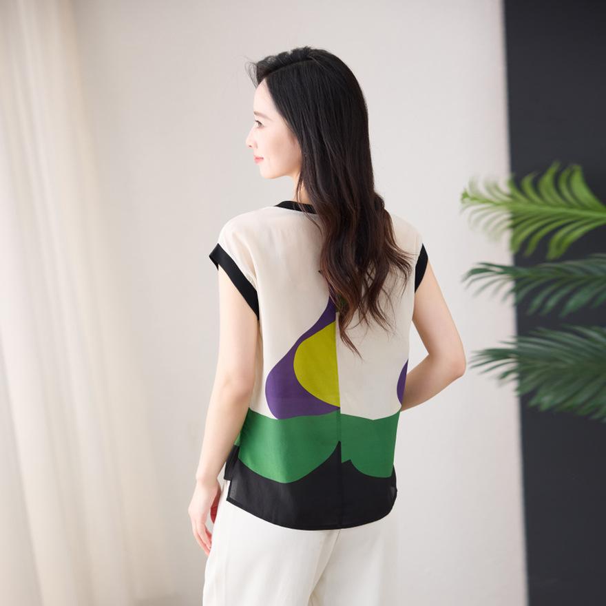 Printed mulberry silk short-sleeved t-shirt  new fashion design loose silk shirt top women