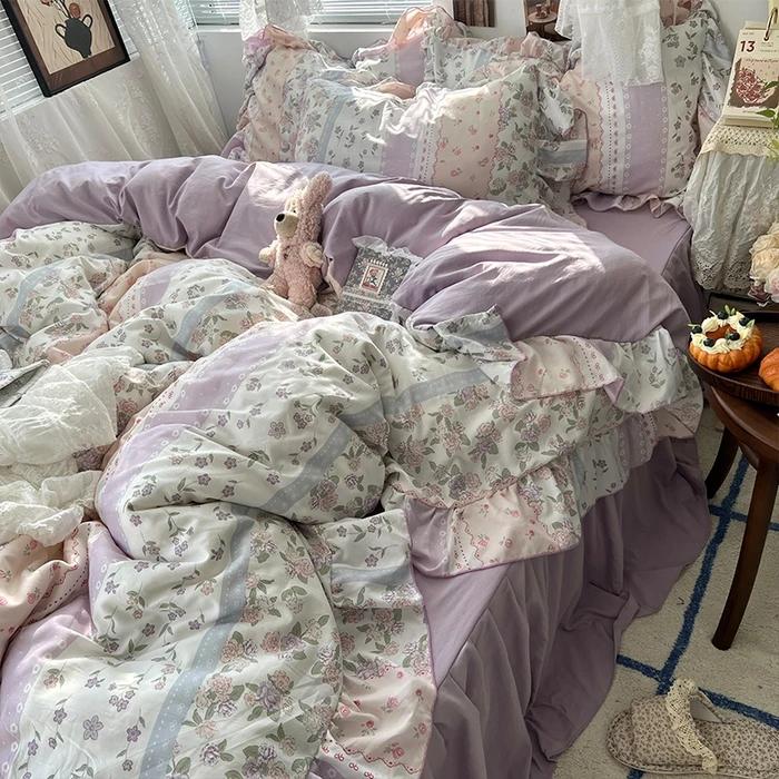 

Комплект постельного белья в корейском принцессном стиле с цветочным принтом и оборками, приятный к коже, мягкий, пододеяльник, простыня или юбка на кровать, наволочки 0.9m sheet 3pcs