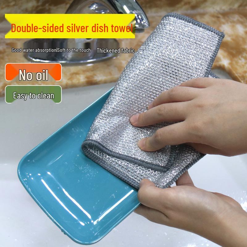 Dual-Sided Silver Thread Dishcloth with Magic Eraser for Stain Removal