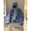 Blue Puff Sleeve Hooded Cotton Coat Women Versatile Warm Casual Outerwear Petite Figures 2026