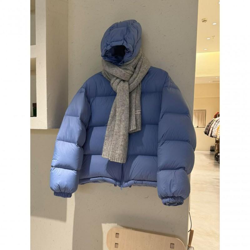 Blue Puff Sleeve Hooded Cotton Coat Women Versatile Warm Casual Outerwear Petite Figures 2026