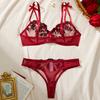 New Women Red Lace Exquisite Embroidery Floral Ultra-thin Deep V Sexy Lingerie Transparent Underwear Bra Set Erotic Costumes