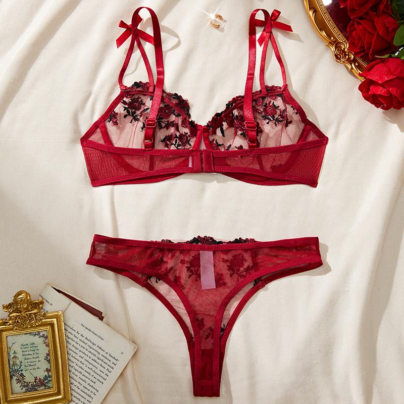 New Women Red Lace Exquisite Embroidery Floral Ultra-thin Deep V Sexy Lingerie Transparent Underwear Bra Set Erotic Costumes