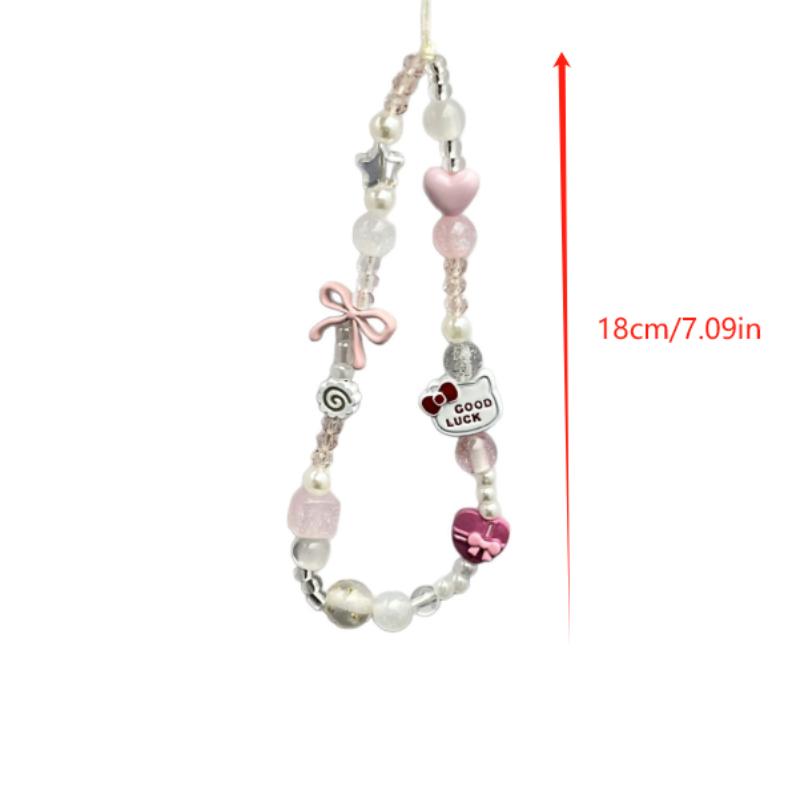 Cute Sanrio Hello Kitty Bow Beaded Keychain Pendant Girly Phone Chain Lanyard Kt Charm Bag Hanging Ornaments Anti-Lost Rope Gift