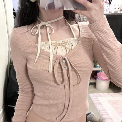 Maglietta corta a maniche lunghe in due pezzi finti rosa dolce piccante da donna, stile balletto, vestibilità attillata, fiocco da ragazza piccante