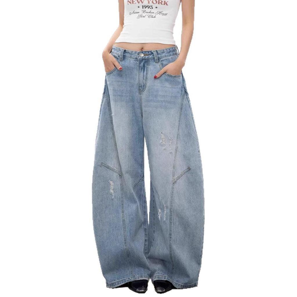 Vintage Women’s Wide-Leg Washed Scimitar Jeans - Retro, Loose Fit, Deconstructed Casual Pants