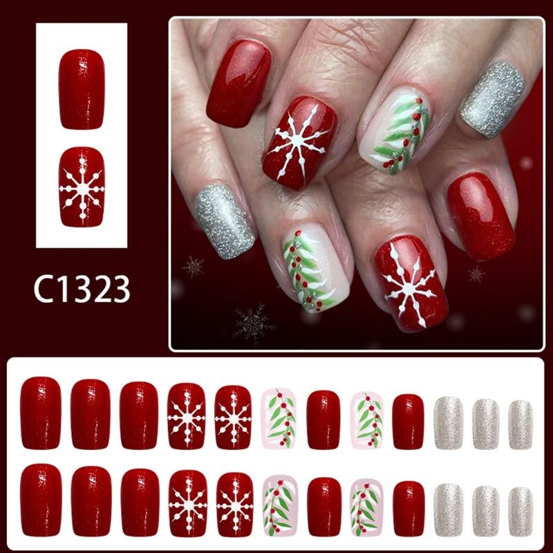 Festive Red Glitters White Snowflake Artificial Nail 24PCS Press On Nail For Christmas Event And Gatherings Decors