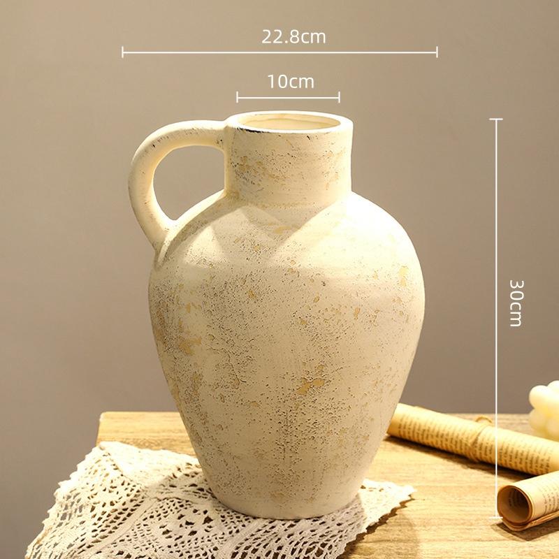 Ceramic Vase Retro Pot Rough Pottery Geometric Handle Flower Vase Flower Arrangement Accessories Flowerpot Home Decoration