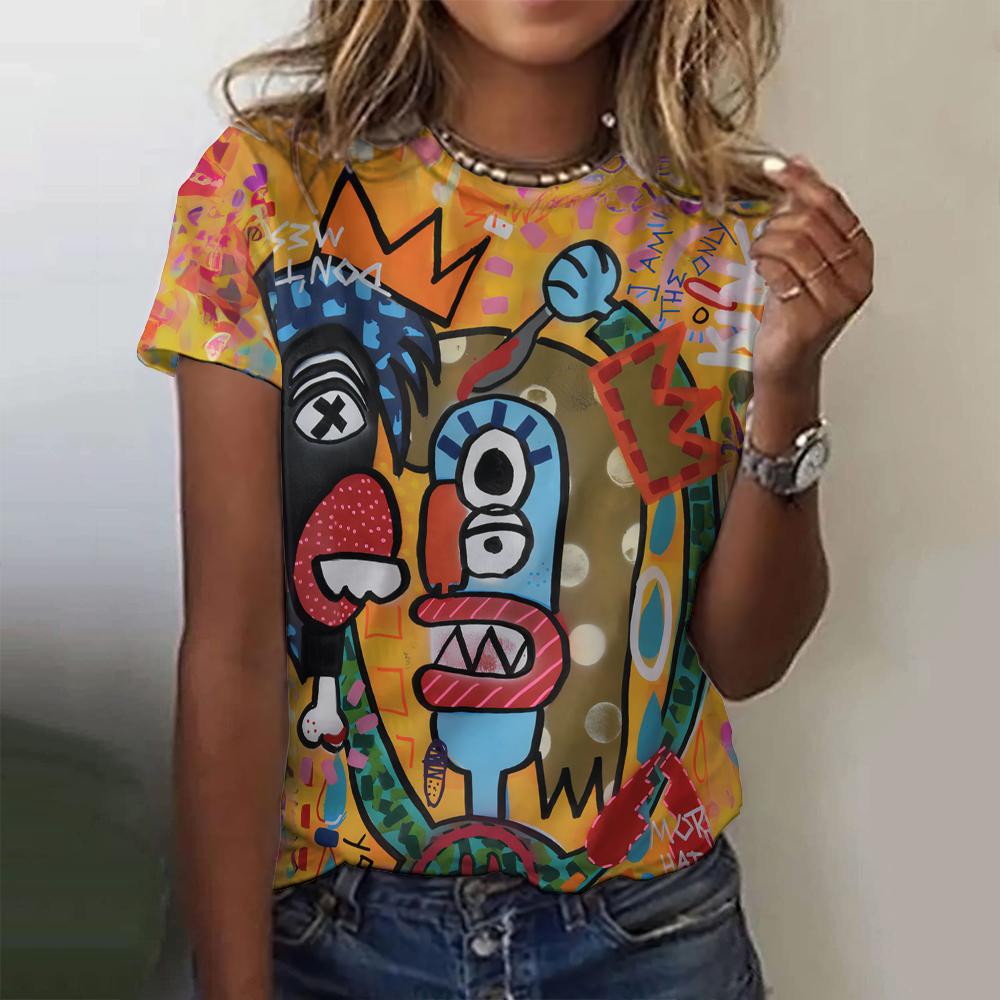 Letní dámské tričko Abstraktní kreslený potisk Tričko Harajuku Vintage Krátký rukáv Kulatý výstřih Top Nadměrné Dámský design Oblečení