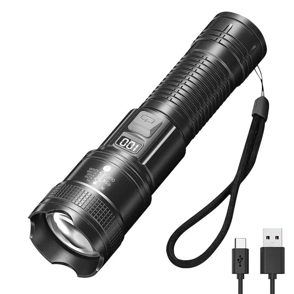 LED Outdoor Portable Flashlight USB Charging Camping Powerful Flashlight Power Display Strong Light Flashlight for Power Outages