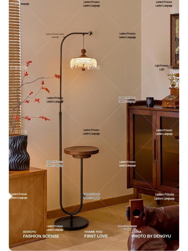 High-End Walnut Teardrop Floor Lamp with Side Table and Storage Rack