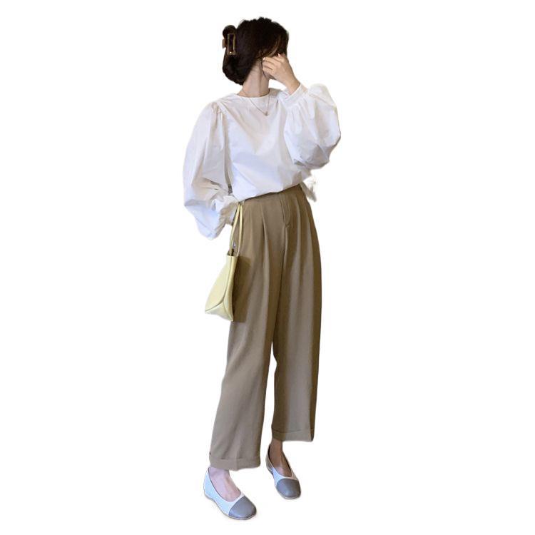2024 Women's French Lantern Sleeve Shirt - Autumn Design, Loose, Age-Reducing, Versatile Round Neck Bubble Long Sleeve Top
