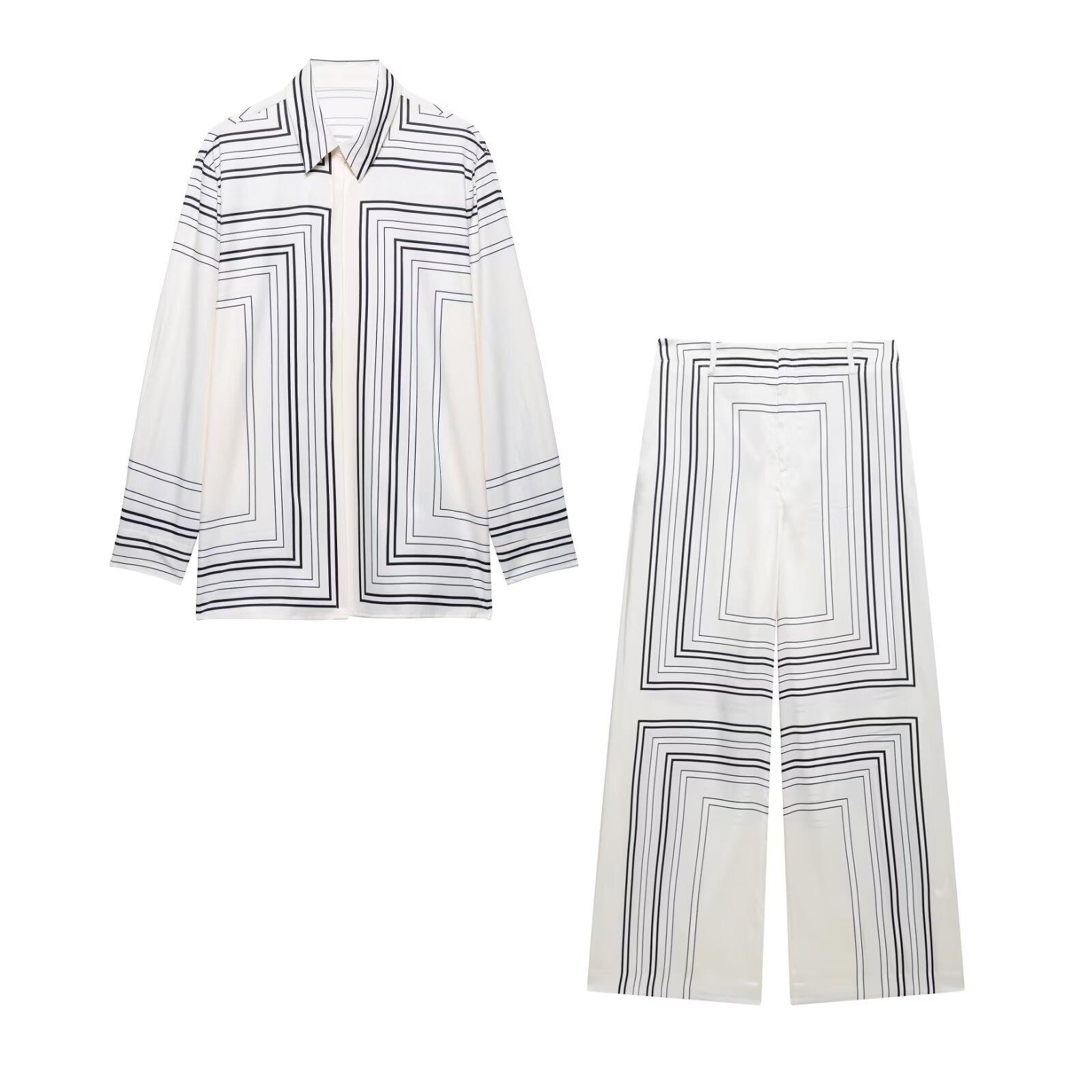 

2025 Women s Two-Piece Summer Set: Versatile Print Shirt & Casual Wide-Leg Pants XS